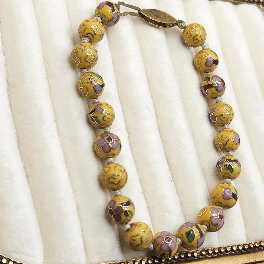 Vintage Chinese Cloisonne Bead Bracelet Yellow‎ Enamel Purple Floral 7 Inch Boho